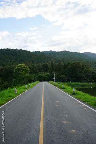 full frame shot of road in the forest there are trees mountains