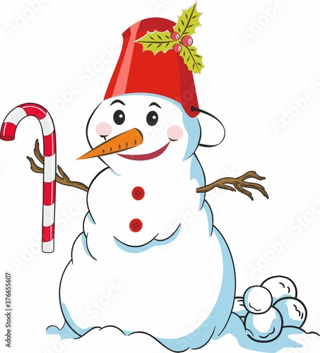 Joyful snowman with christmas candy and snowballs