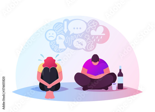 Drunk Characters Sitting on Floor in Depressed Mood with Wine Bottle and Bowed Head. Depression, Bipolar Disorder