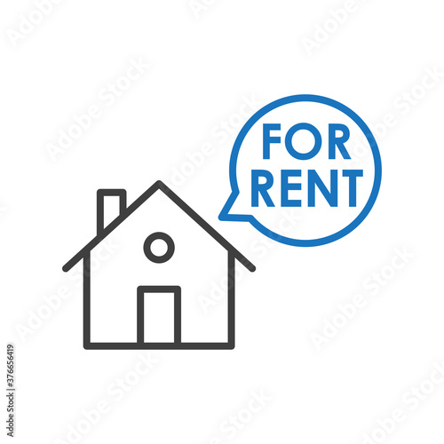 Concepto Real Estate. Venta de inmuebles. Icono plano lineal casa con texto For Rent en burbuja de habla en gris y azul