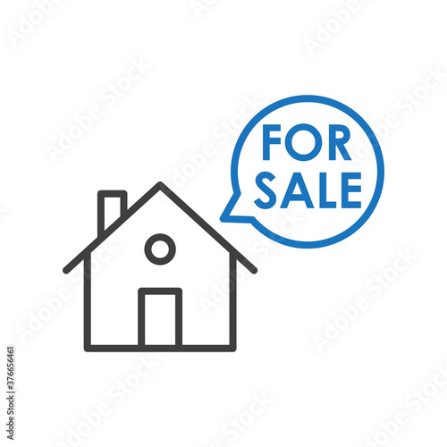 Concepto Real Estate. Venta de inmuebles. Icono plano lineal casa con texto For Sale en burbuja de habla en gris y azul