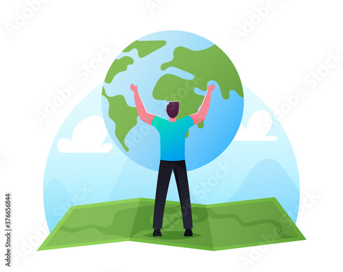 World in Hands Concept. Male Character Stand on Huge Green Map Holding Earth Globe. Ecology Conservation, Earth Day