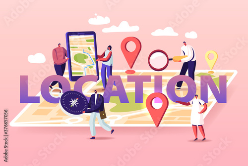 Geolocation Concept. Tiny Characters at Huge Location Map, People Use Online Smartphone Application Search Route, Gps