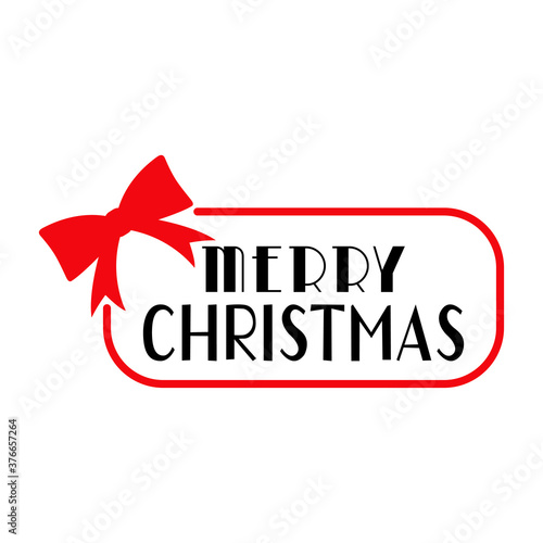 Concepto Feliz Navidad. Regalo navideño. Logotipo con texto Merry Christmas en etiqueta con lazo y cinta en color rojo