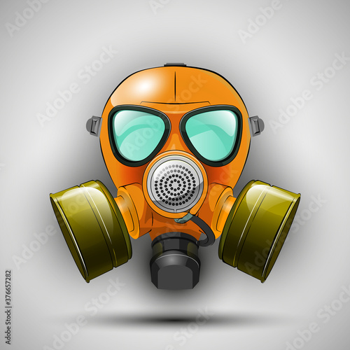 Gas mask respirator skull breather on round background. Protective radiation suit in circle badge. Breathing gas mask apparatus with two filters. Color illustration