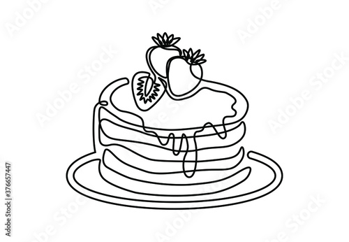 Continuous one line drawing of pancakes with strawberries. Modern hand drawn art dessert and cafe theme for logo. Vector illustration isolated on white © Екатерина Заносиенко
