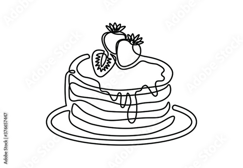 Continuous one line drawing of pancakes with strawberries. Modern hand drawn art dessert and cafe theme for logo. Vector illustration isolated on white