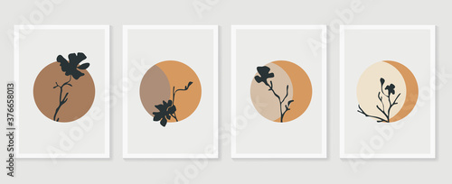 Botanical wall art vector set. Foliage line art drawing with  abstract shape.  Abstract Plant Art design for print, cover, wallpaper, Minimal and  natural wall art. Vector illustration.