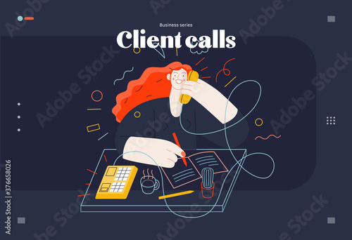 Business topics - client calls, web template. Flat style modern outlined vector concept illustration. A red-haired woman talking to a client by the phone at the office desk. Business metaphor.