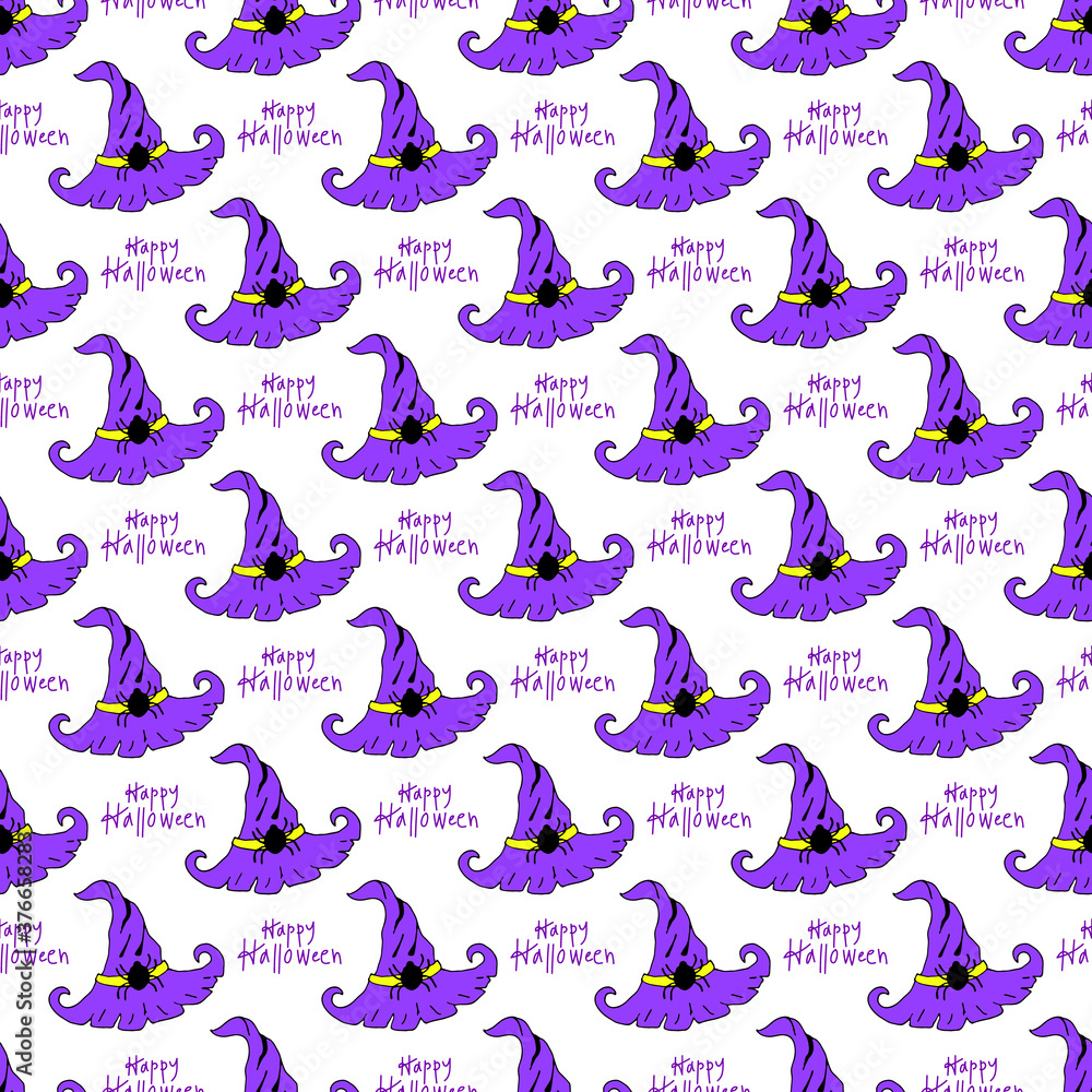 Fototapeta premium Hand drawn purple witch magic hat seamless pattern in doodle style. Halloween vector illustration for card design and fall decoration. Wizard hat art with lettering.