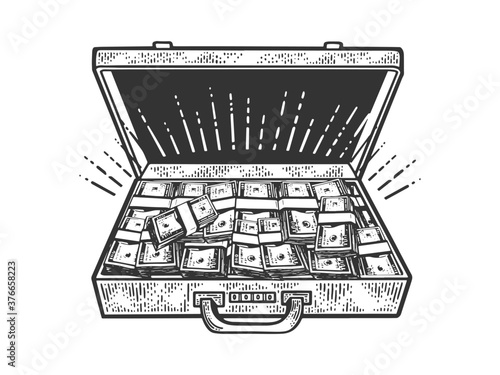 suitcase with cash dollars sketch engraving vector illustration. T-shirt apparel print design. Scratch board imitation. Black and white hand drawn image.