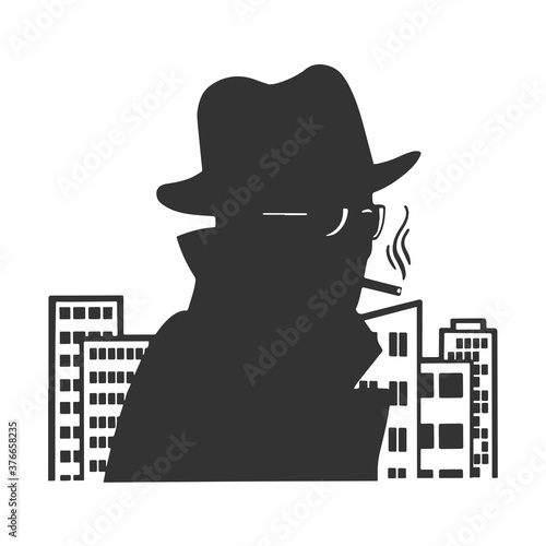 silhouette of spy or detective on background of city sketch engraving vector illustration. T-shirt apparel print design. Scratch board imitation. Black and white hand drawn image.