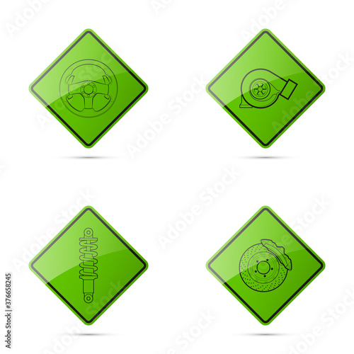 Set icons image auto parts. Symbols car part: turbine, steering wheel, strut, brake disc support. Car service pictures. Logo car garage. Vehicle spare parts. Set automotive. Turbo Car repair service