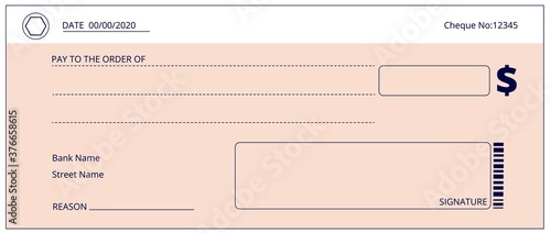 Bank check. Blank business checks, money donation cheque. Empty checkbook page template. Simple payment layout, fake pay vector background. Business check finance, financial cheque empty illustration