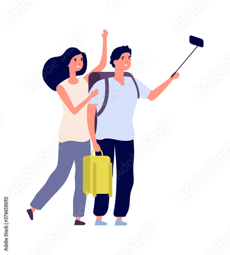 Tourist selfie. Young couple with backpacks. Family vacation, flat happy man woman make live stream or vlog. Isolated travellers vector characters. Illustration selfie couple, young woman and man
