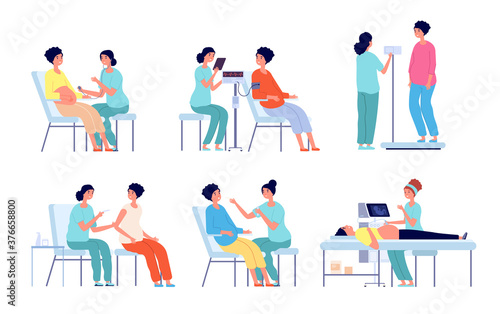 Pregnant woman medical check up. Pregnancy care clinic, belly ultrasound doctor. Isolated prenatal woman examination in hospital vector set. Medical pregnant woman, doctor check pregnancy illustration