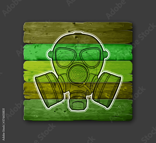 Gas mask respirator skull breather on comics style wooden background. Protective radiation suit in comics badge wood board background. Breathing gas mask apparatus with two filters. Color illustration
