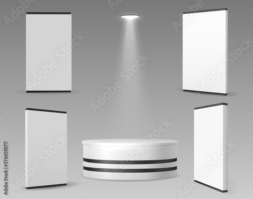 Expo wall and stand. Realistic 3D panels for exhibition or showroom. Event, ads or business trade empty equipment mockup. Blank displays vector illustration. Empty realistic white panel