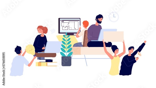 Product developers. Business project implementation from idea to launch. Teamwork, people working step by step. Idea and marketing, freelancers chain vector illustration. Development launch project