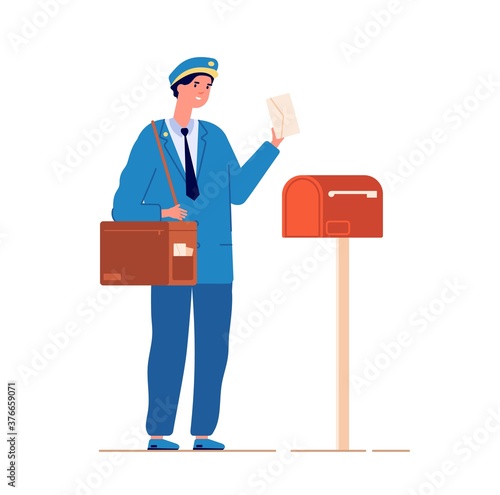 Postman deliver mail. Mailed service, mailman with bag delivering letter in mailbox. Man in blue uniform with envelope vector illustration. Mail postman, delivery service courier