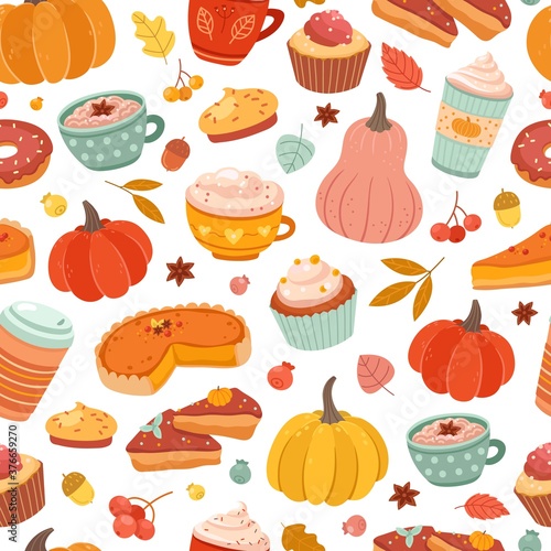 Autumn pumpkin pattern. Pumpkins spice, cinnamon hot drink and pastry print. Thanksgiving food, pie cake coffee vector seamless texture. Autumn pumpkin, latte drink and beverage illustration