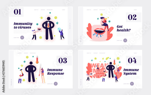 Weak Immunity Landing Page Template Set. Tiny Male and Female Characters with Medical Drugs. People Protect from Germs