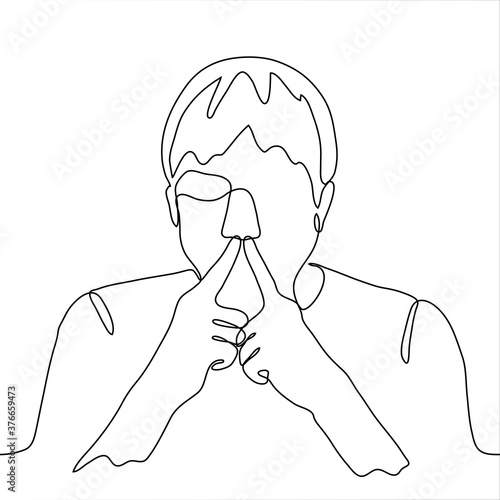portrait of a man who inserted his index fingers into his nose (nostrils). One continuous line drawing concept of covering nose from bad smell, fooling around / clowning, holding breath