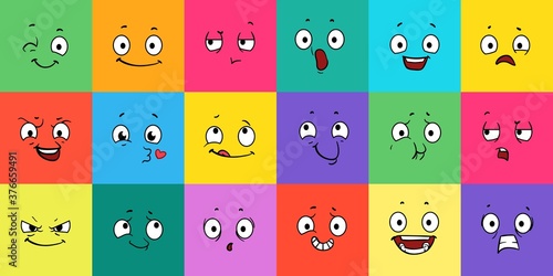 Cartoon expression faces. Comic emoji emotions, funny face. Winking, scary and laughing caricatures. Eyes and mouth, emoticons vector illustration. Cartoon sad and happy, cry expression