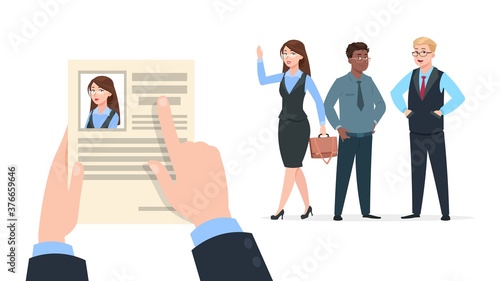 Office worker recruitment. Human resource hire employee, recruiter choices. Happy young woman has job, Hr manager choose female and not man. Business success, cartoon people vector illustration