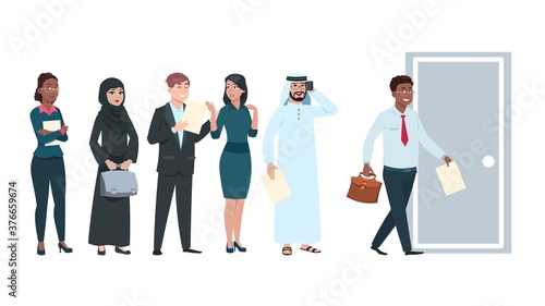 People queue. Job seekers in waiting line with resume in hands. Office workers wait time to enter, man going in door. International professionals man woman cartoon vector characters illustration