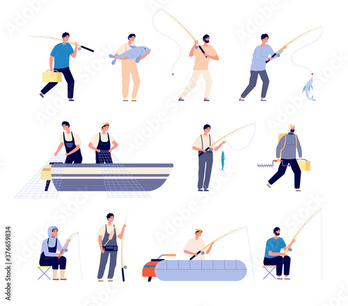 Fisherman characters. Rubber boat, fishing man with equipment. Seasonal activity, male holds fish. Commercial fishery vector illustration. Fishing equipment and rubber boat