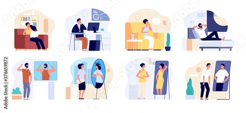 People and mirrors. Dreamy person, affirmation or criticism. Young teen dreaming future, confidence vanity. Lazy self motivation vector set. Illustration woman and man dream improve self