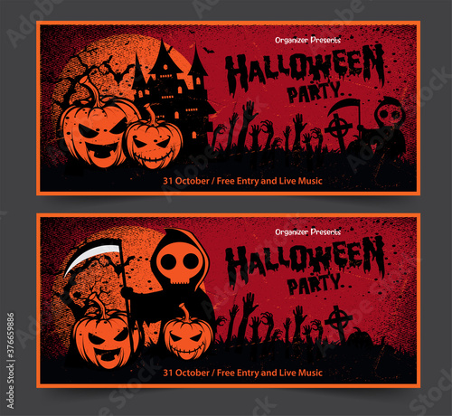 Halloween night party background with full Moon  Halloween banners with pumpkins.