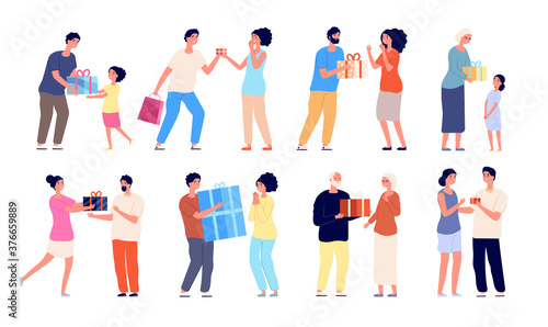 People with gifts. Person give box girlfriend, emotional boyfriend. Christmas or birthday characters, happy mother kid vector illustration. Girlfriend with gift, anniversary celebration