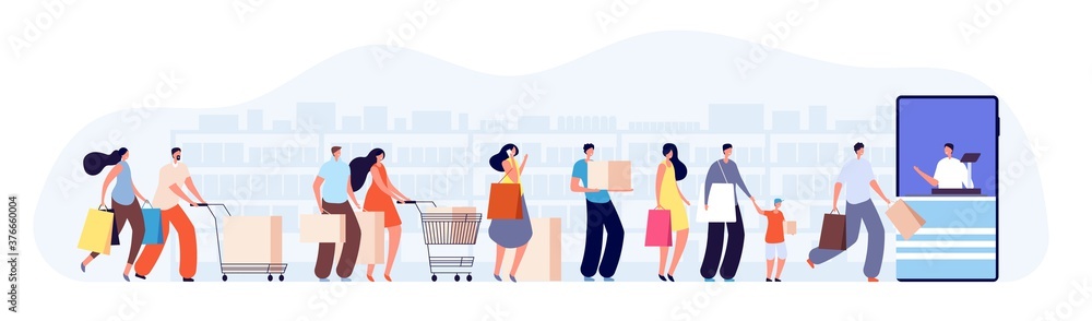 Customers people queue. Client characters, online shop seller or cashier. Waiting line in grocery store, supermarket vector illustration. Shopping buyer waiting, market consumer and shopper