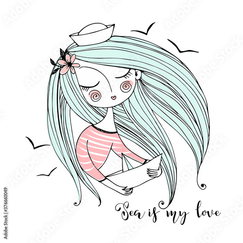 Φωτογραφία A cute girl in a sailor's cap with a paper boat in her hands dreams of the sea