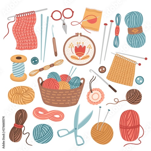 Knitting threads. Knit sewing, wool yarn balls. Isolated cartoon handicraft accessories, crochet needlework hobby tools vector illustration. Sewing and thread, craft knitting, needlework fashion
