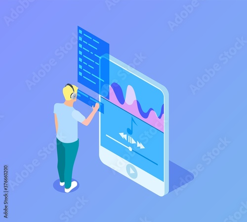 Online radio. Music phone application, isometric man in headphones choose play list. Teen using online sound app or audio books vector illustration. Online radio isometric, broadcast entertainment app