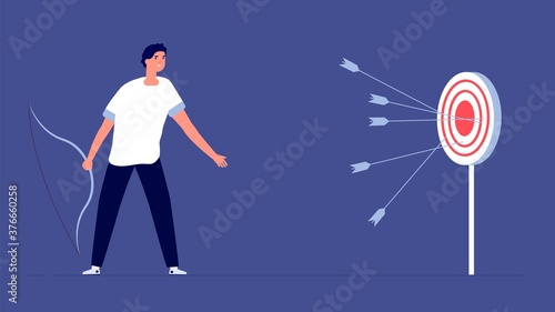 Arrow past target. Upset man, business failure metaphor. Bad startup, fail investments or financial bankruptcy vector illustration. Missing aiming, target and archer, mistake opportunity