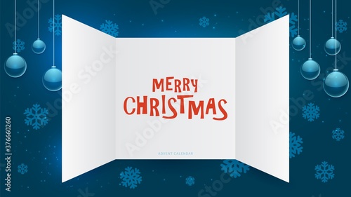 Advent calendar window. Christmas present open doors, december xmas gift template. New year festive paper invitation card mockup. Blue winter decoration vector illustration. Christmas present holiday
