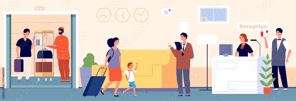 Hospitality. Hotel hostel reception. Manager receptionist and waiter travellers. Porter and guest in elevator. Team and tourists in lobby vector illustration. Hotel hospitality reception service