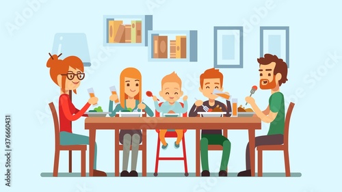 Festive family dinner. Happy parents eating with cute children. Baby, girl boy mother father celebrate holiday vector illustration. Dinner family celebration at table with meal