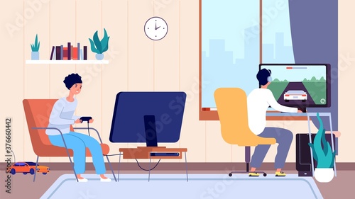 Gamers at room. Couple play video games, digital entertainment addiction. Stay home, man woman spend time fun vector illustration. Woman and man gamer game with joystick