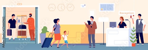 Hospitality. Hotel hostel reception. Manager receptionist and waiter travellers. Porter and guest in elevator. Team and tourists in lobby vector illustration. Hotel hospitality reception service
