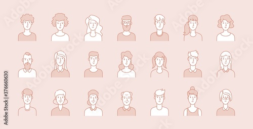 People avatars. Modern business corporate faces, line male female portraits. Young, adult and elderly ages users, modern outline character vector set. Illustration face female and man