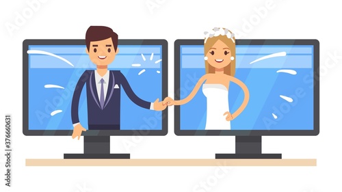 Online wedding. Cute cartoon newlyweds, young man woman smile. Just married on computer screen vector illustration. Love wedding, cartoon communication romantic