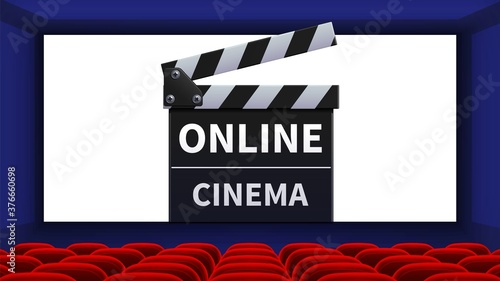 Realistic cinema. Movie theater interior, online film screen. Red chairs and movie clapper vector illustration. Movie cinema interior, realistic online premiere