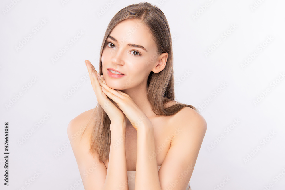 Beautiful Young Woman With Clean Fresh Skin on white background, Face care, Facial treatment. Cosmetology, beauty and spa. women portrait. Beautiful Young Woman With Clean Fresh Skin on white background, Face care, Facial treatment. Cosmetology, beauty and spa. women portrait.