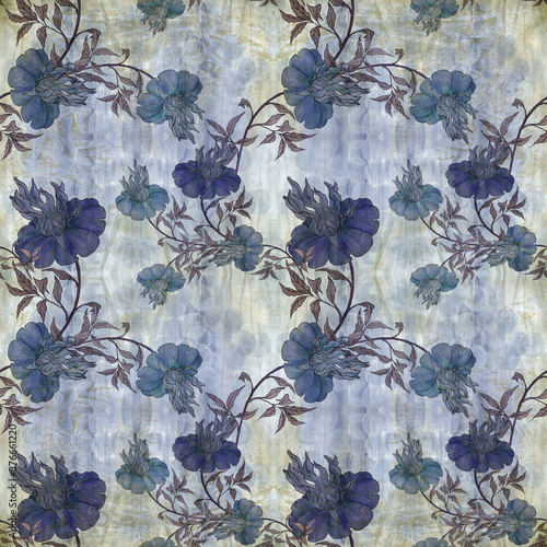 Flower with leaves on a watercolor background. Seamless pattern. Drawing with crayons and ink. Use printed materials, packaging, prints, objects, websites, maps.