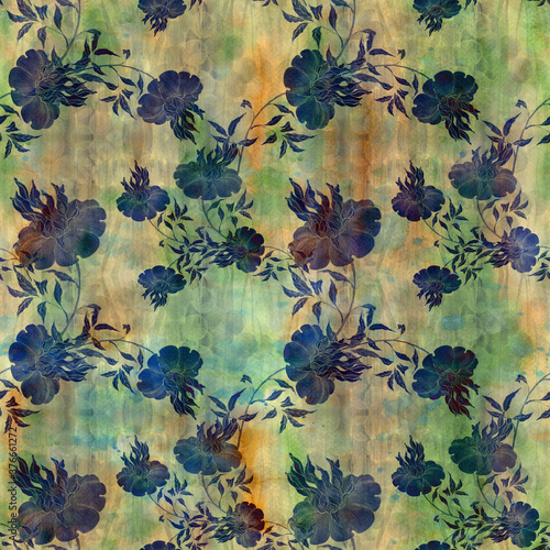 Flower with leaves on a watercolor background. Seamless pattern. Drawing with crayons and ink. Use printed materials, packaging, prints, objects, websites, maps.